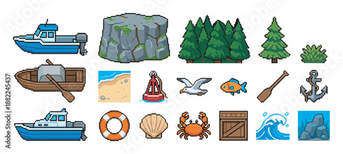 Large pixel art icon set of various nautical and nature elements like a boat, anchor, fish, crab, tree, and wave for a retro 8-bit video game or digital project