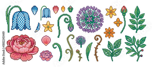 Colorful set of pixel art flowers and leaves including peony, fritillary, and allium, rendered in a detailed retro 8-bit video game style for botanical design elements