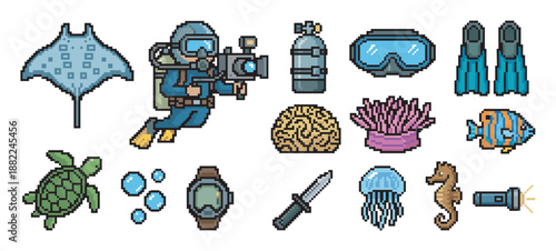 Pixel art icon set of scuba diving equipment and marine life including a diver, turtle, manta ray, and fish, designed in a retro 8-bit video game style for creative projects