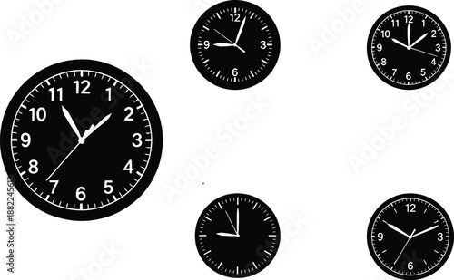 A collection of black and white clocks arranged in a scattered flowing pattern