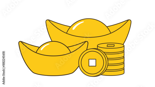 A vibrant illustration of traditional chinese gold ingots and coins symbolizing wealth and prosperity