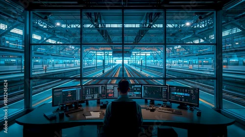 Central control room operator monitoring large scale industrial facility with advanced digital dashboards and real time system management technology
