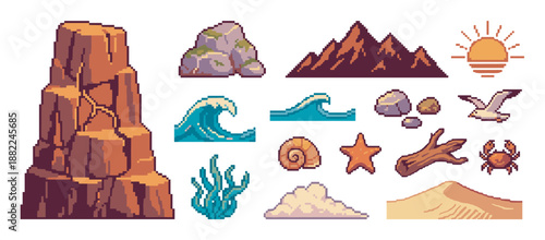 Pixel art collection of nature elements featuring mountains, rocks, ocean waves, a crab, and a seagull for a retro 8-bit video game asset pack or digital illustration
