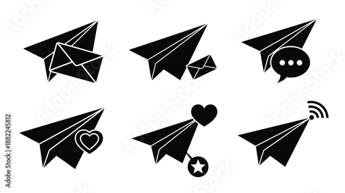 Collection of minimalist black paper airplanes with various accompanying symbols and shapes