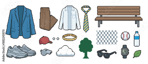 Collection of pixel art objects including clothing, sports equipment, and nature elements in a retro 8-bit video game style asset pack for character creation