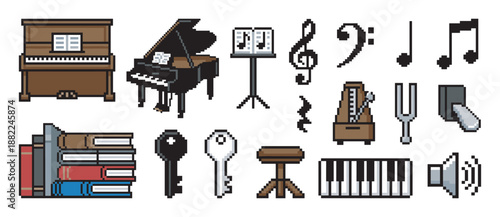 Pixel art piano and music icon set featuring a grand piano, keyboard, metronome, musical notes, and other classic elements in a retro 8-bit video game asset style