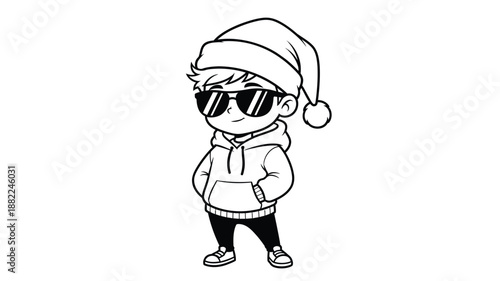 Cool cartoon character wearing a santa hat and sunglasses black and white line art