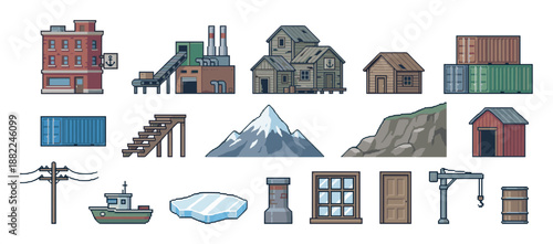 Collection of pixel art game assets featuring harbor, industrial, and arctic elements like a boat, factory, containers, and a mountain for creating a 2D video game world