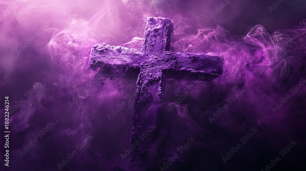 Fototapeta premium A dramatic purple cross surrounded by misty clouds and divine light, symbolizing Lent and Christian worship.