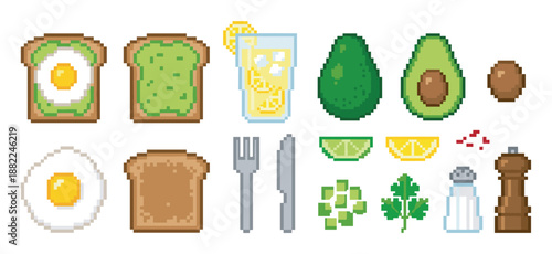 Pixel art breakfast food icon set with avocado toast, fried egg, lemonade, and ingredients for a healthy meal, presented in a retro 8-bit video game graphic style