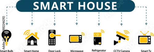 Smart House Infographic 7 Home Automation and IoT Icons with Yellow Accents for Connected Devices, Security and Energy Presentations