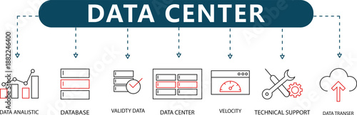 Data Center Infographic 7 IT Infrastructure and Performance Icons with Red Accents for Cloud Storage, Analytics and Technical Support Presentations