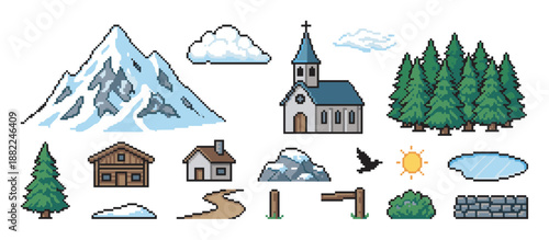 Collection of pixel art nature elements for creating a mountain village scene, including a church, houses, trees, and a snowy peak in a retro 8-bit video game style