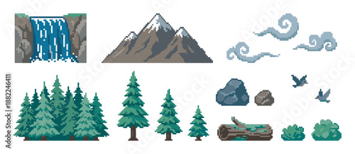 Pixel art collection of natural landscape sprites featuring a waterfall, snowy mountain, pine forest, rocks, birds, clouds, and a mossy log in a retro 8-bit video game style