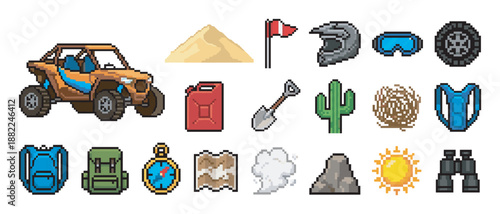 Pixel art icon set for an off-road desert adventure game, featuring a buggy, helmet, cactus, map, and other essential equipment for a rally or safari expedition