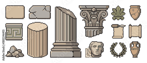 Pixel art collection of ancient architectural elements including a classical column, broken statue head, scroll, and amphora for a retro video game asset pack