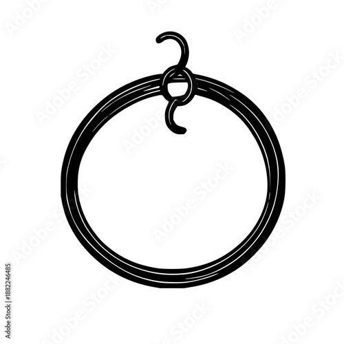 Black line art hanger size marker ring drawn on white background, minimalist silhouette illustration perfect for apparel industry and fashion accessories display, cutting and measuring tools