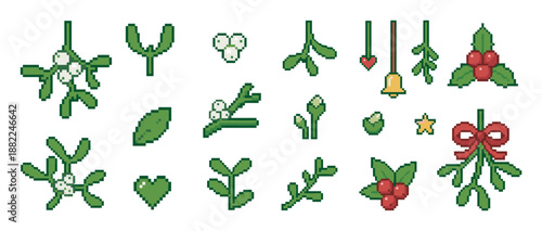 Pixel art Christmas holiday icons set featuring mistletoe, holly, berries, a festive bell, and a red bow in a retro 8-bit video game style for seasonal decoration