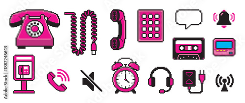 Set of pink pixel art communication icons featuring a rotary phone, cassette tape, pager, and alarm clock in a retro 8-bit video game style