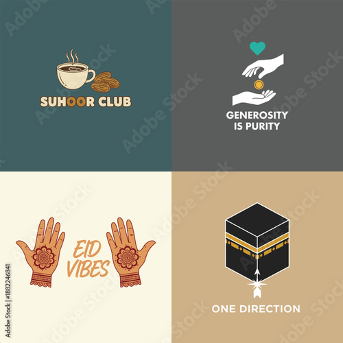 Islamic cultural and religious symbols collection featuring Ramadan Suhoor, charity, Eid henna, and Kaaba direction, perfect for celebrating faith and traditions.