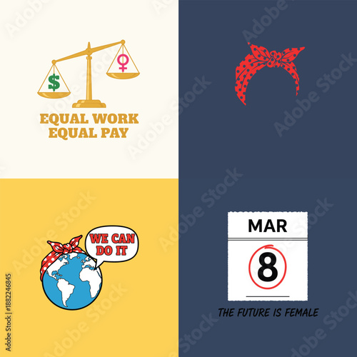International Women's Day celebration with symbols of equal pay, female empowerment, and global solidarity for March 8th.