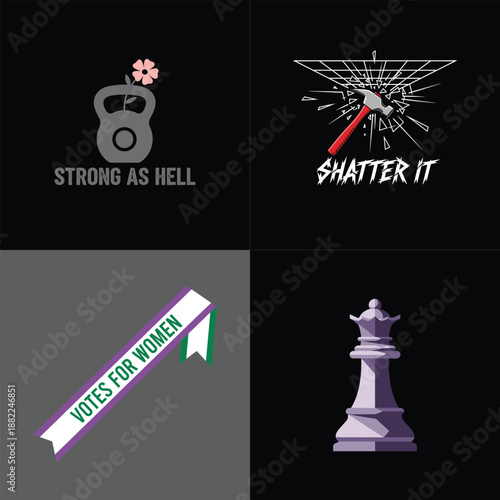 Collection of four feminist and women empowerment vector designs: a kettlebell with a flower, a hammer breaking glass, a "Votes for Women" ribbon, and a chess queen piece.