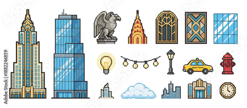 Pixel art city life icon collection featuring skyscrapers, a yellow taxi, a gargoyle statue, and various architectural elements in a retro 8-bit style