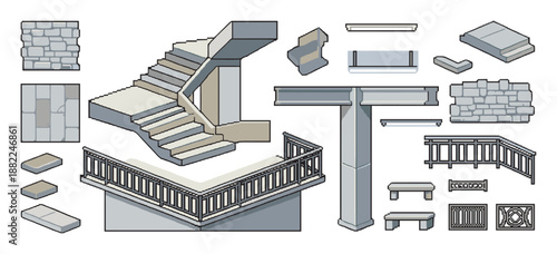 Pixel art game asset collection of architectural elements including stone stairs, railings, columns, and wall textures for level design and construction concepts in a retro 8-bit style