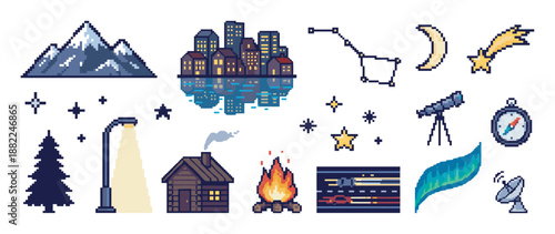 Set of pixel art icons featuring nighttime nature and city elements like a snowy mountain, cityscape reflection, campfire, telescope, constellation, and aurora borealis