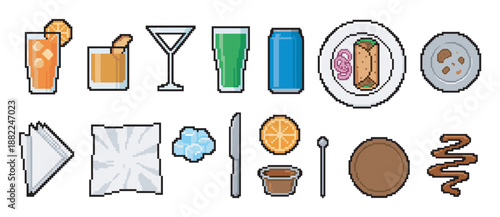 Set of pixel art food and drink icons featuring a burrito, cocktails, soda can, napkins, and cutlery in a retro 8-bit video game style for digital design or menu assets