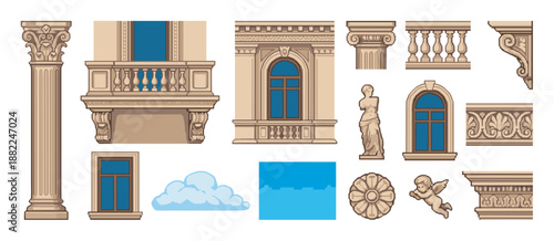 Set of classical architectural elements for building construction, including columns, windows, balconies, and statues in a detailed pixel art vector illustration style