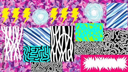 Vibrant illustration of diverse patterns and shapes, featuring dynamic designs and abstract forms in a digital artwork, viewed from a straightforward perspective