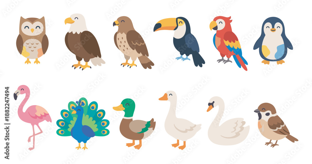 Obraz premium Collection of cute cartoon bird characters including an owl, eagle, toucan, parrot, penguin, flamingo, and peacock in a charming flat vector illustration style for kids