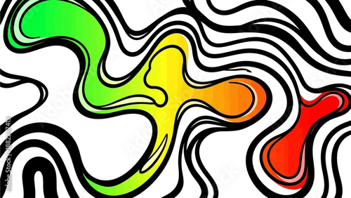 Vibrant abstract illustration of fluid shapes and lines on a white background from a direct viewpoint