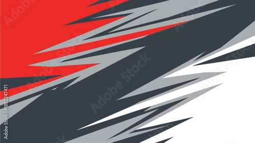 Dynamic abstract composition with sharp, jagged shapes in red, gray, and white, viewed from a straightforward angle