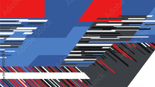 Abstract digital landscape with geometric shapes and vibrant colors from a dynamic viewpoint