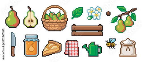 Pixel art pear fruit and farming icon set with a basket, jam, pie, bee, and gardening elements in a retro 8-bit video game style illustration