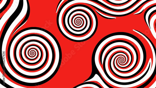 Abstract red background illustration with black and white spiral patterns, viewed from a direct perspective, showcasing dynamic shapes and swirling designs