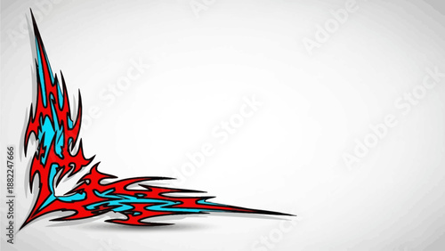 Vibrant abstract illustration of dynamic shapes and colors, blending red and blue hues with sharp lines and curves in a creative composition