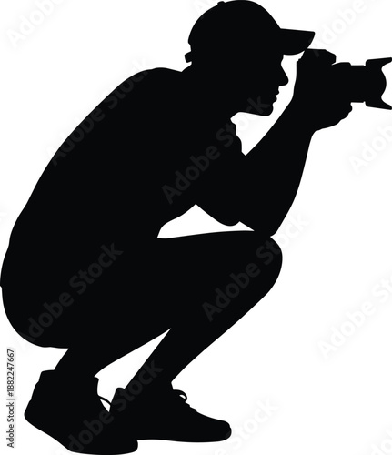 Silhouette photographer crouching with camera capturing professional photography moment isolated on white background vector illustration for creative stock design use