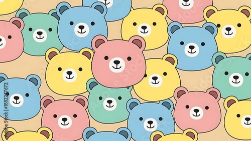 Pattern of cute, colorful bear faces with round ears and simple features on light tan background