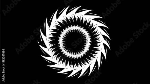 A digital illustration of a spiral design with sharp, pointed shapes on a dark background from a direct viewpoint