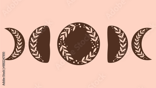 Phases of the Moon with Leaves and Dots in Brown on Peach Background