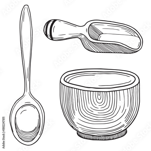 Hand-drawn graphic illustrations of wooden bowl and measuring spoons for spices, detailed kitchen utensils sketch