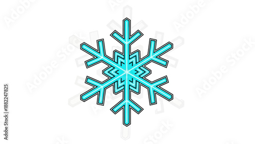 A digitally illustrated snowflake with intricate design on a plain white background from a direct viewpoint
