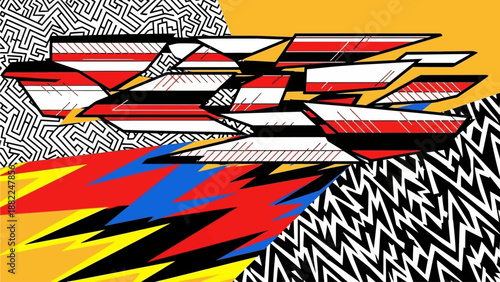 Vibrant abstract art featuring dynamic shapes and bold colors in a modern illustration style