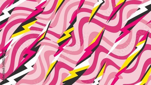 Vibrant abstract illustration featuring bold shapes and dynamic patterns in a lively composition viewed from a straightforward angle