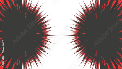 Dynamic explosion elements symmetrical design with fiery red and dark gray splatters against a clean backdrop viewed straight on