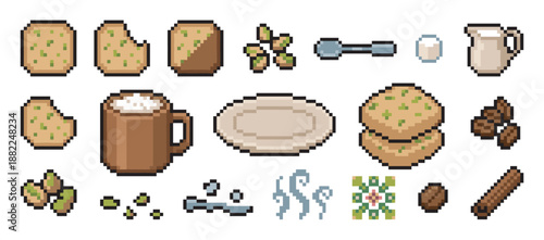 Pixel art icon set of coffee break items showing a hot drink, pistachio cookies, beans, milk, sugar, and a cinnamon stick in a retro 8-bit video game style