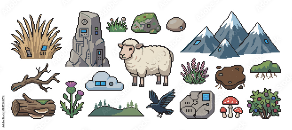 Obraz premium Collection of pixel art game assets featuring nature and fantasy elements like a sheep, raven, mountains, and ancient stones for a retro video game design project